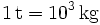 \mathrm{1\, t = 10^{3}\, kg}