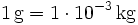 \mathrm{1\, g = 1\cdot 10^{-3}\, kg}
